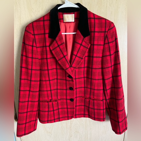 Vintage Pendleton Blazer Jacket Womens 10 Red Plaid & Velvet Wool Made in USA - Picture 1 of 10